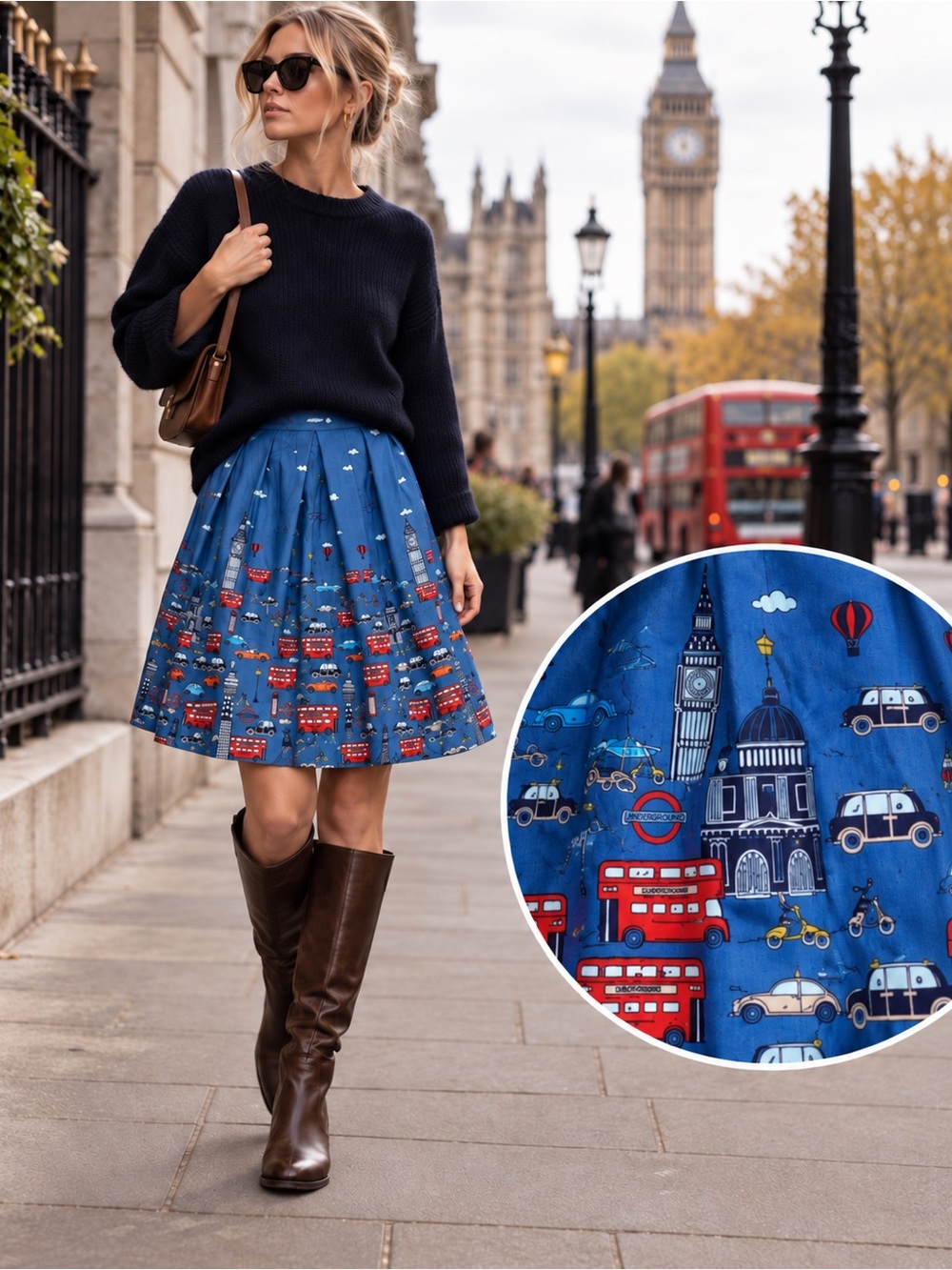 GRACE KARIN London City Print Pleated Skirt Blue Novelty British Size M New